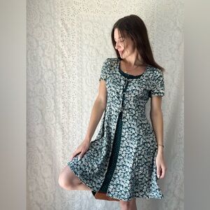 Vintage Late 80s Another Thyme Green Floral Mini Dress Bow Front Size 8 Petite